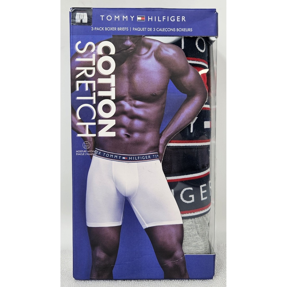 Tommy Hilfiger Men's Cotton Stretch 3pk Boxer Briefs Red/Blk/Gry, MD, Open Pkg